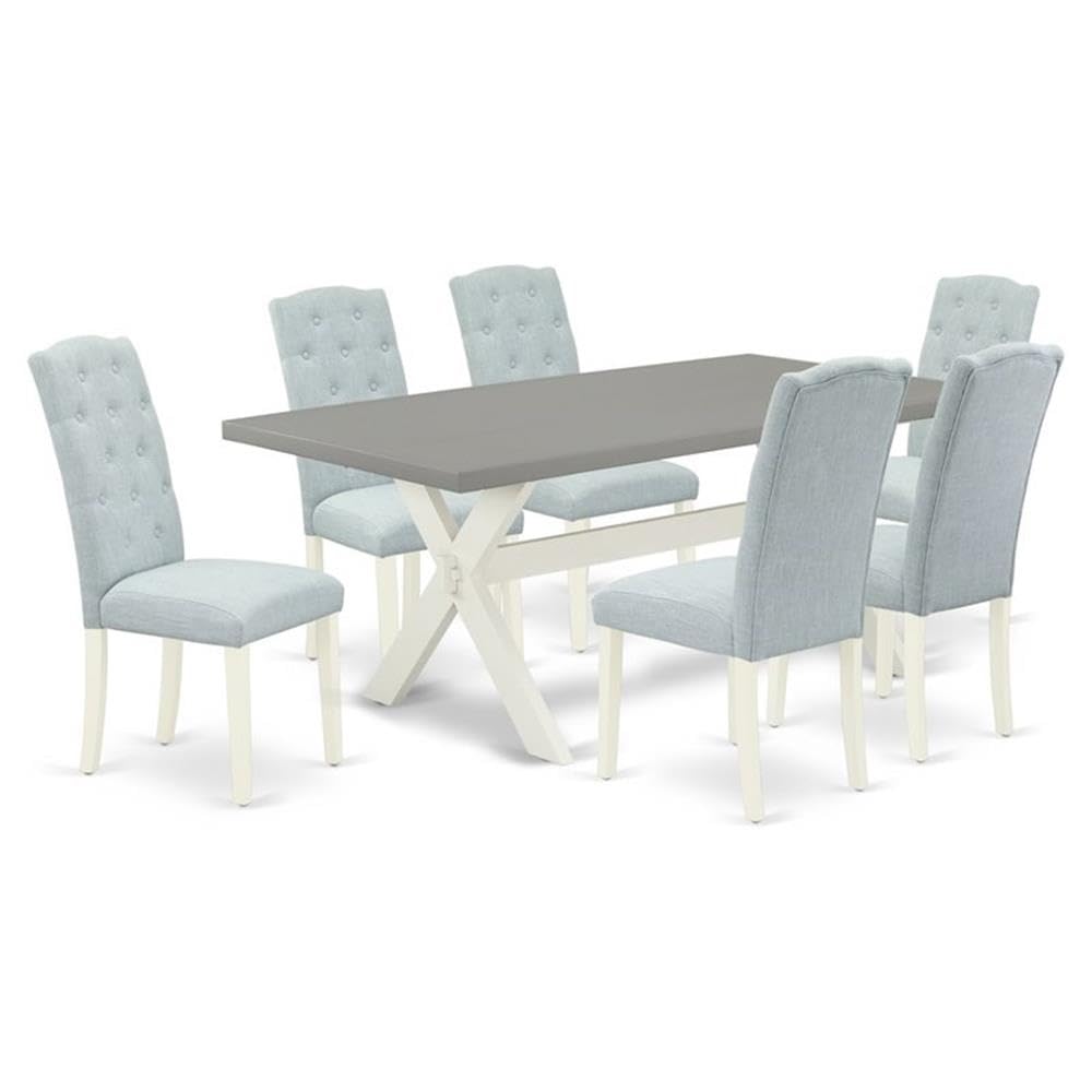 East West Furniture X097Ce215-7 7 Piece Dining Table Set Consist Of A Rectangle Dining Room Table With X-Legs And 6 Baby Blue Linen Fabric Parsons Chairs, 40X72 Inch, Multi-Color